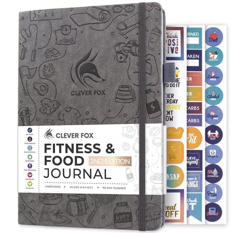 Clever Fox Fitness & Food Journal - Nutrition & Workout Planner for Women & Men - Diet & Gym Exercise Log Book with Calendars, Diet & Training Trackers - Undated, A5 Size, Hardcover (Grey) - Image 1